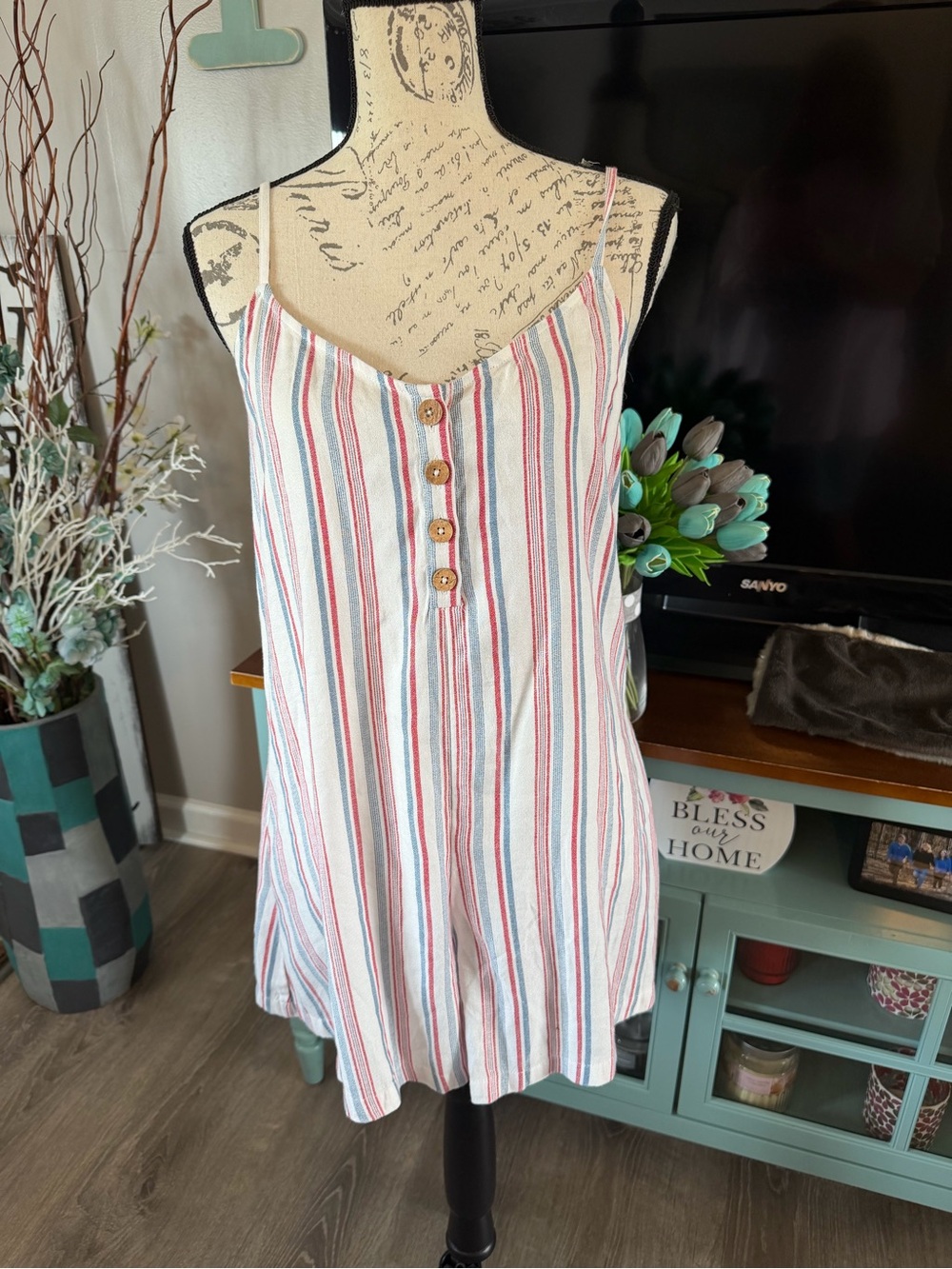 Roxy Striped Sleeveless Romper in White, Red & Blue Size Small